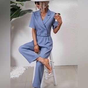 Blue Two-Piece Set – Cropped Blazer and High-Waisted Pants